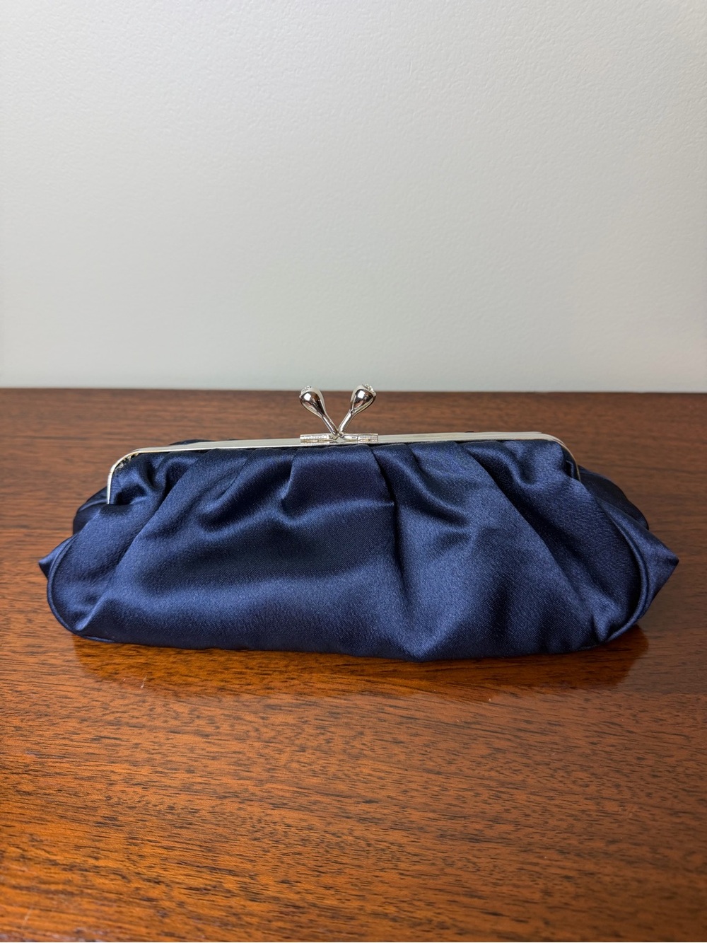 Jessica McClintock Navy Satin Clutch Rhinestone Clasp Chain Strap